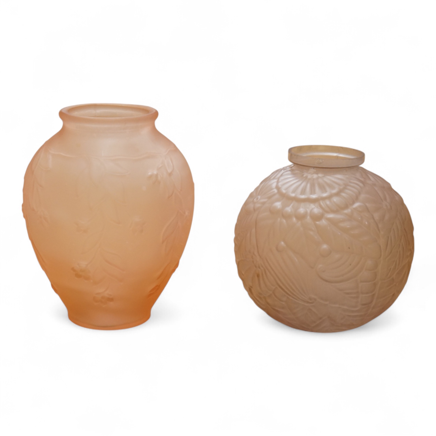Two French Art Deco pressed peach glass vases, tallest 29.5cm